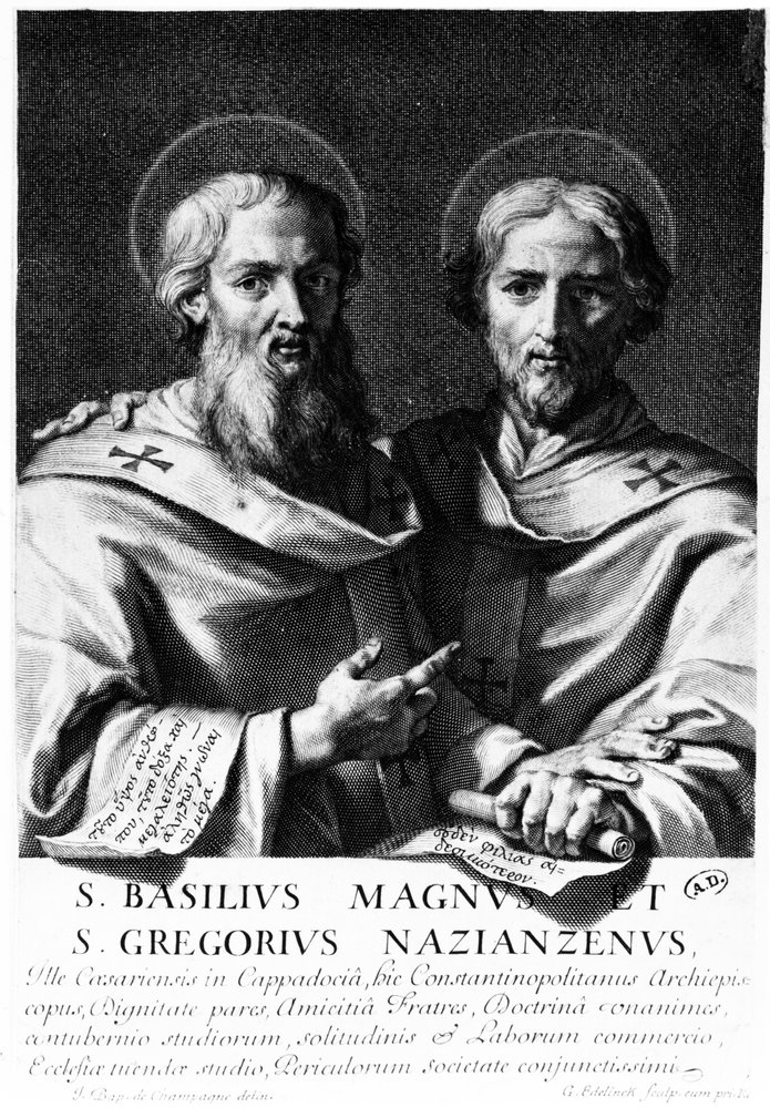 San Basilio il Grande e San Gregorio di Nazianzo, stampa di Gerard Edelinck da Jean Baptiste de Champaigne