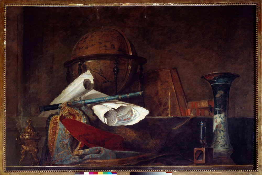 Allegoria della scienza. Natura morta, globo, mappe geografiche, libri e vaso da Jean-Baptiste Simeon Chardin