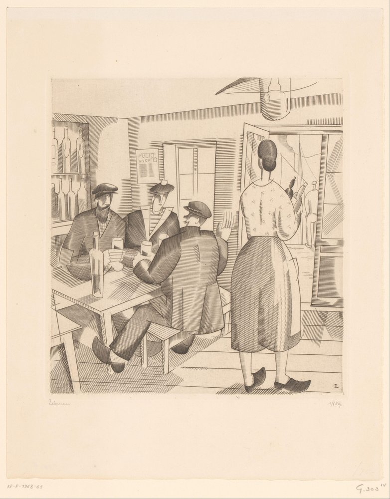 Interno di caffè con clienti e cameriera Cabaret Vendéen da Jean Emile Laboureur (signed by artist)
