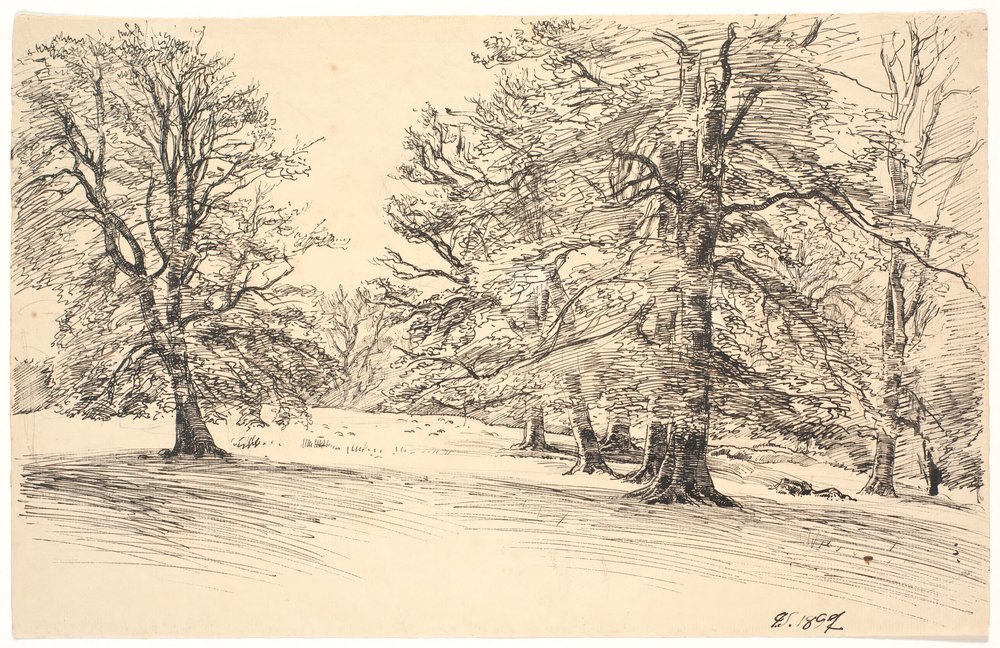 Terreno leggermente inclinato con grandi alberi sparsi da Joakim Frederik Skovgaard