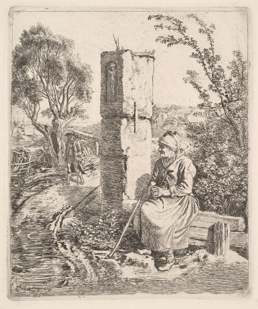 Una vecchia signora seduta vicino a un pilastro al lato della strada, 1819 da Johann Christian Erhard