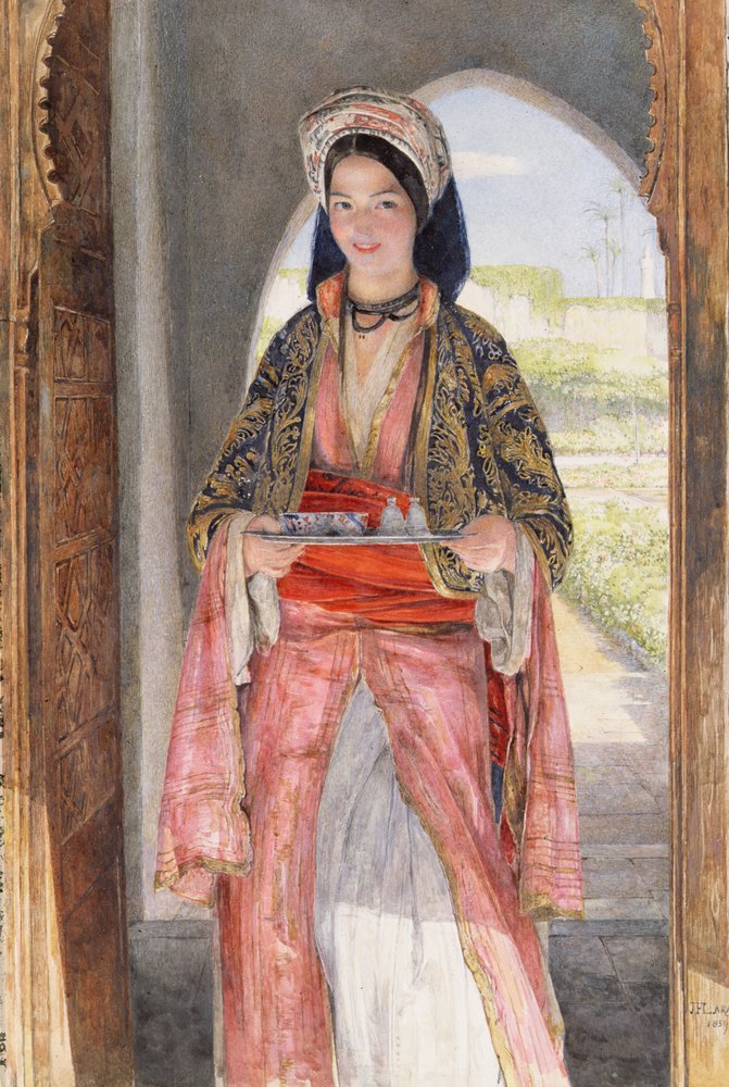 Una ragazza orientale che porta un vassoio | Stampa d'arte
