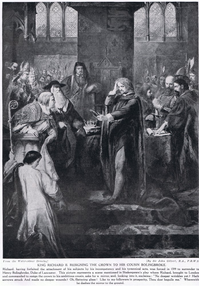 Re Riccardo II che rinuncia alla corona al cugino Bolingbroke, illustrazione da 