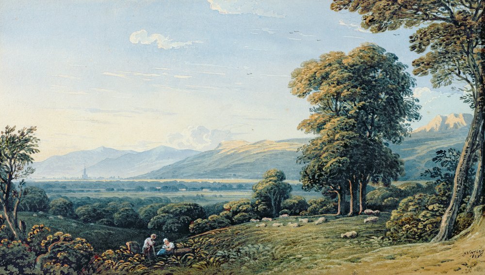 Figure che riposano su un pendio con un campanile sullo sfondo, 1825 da John Varley