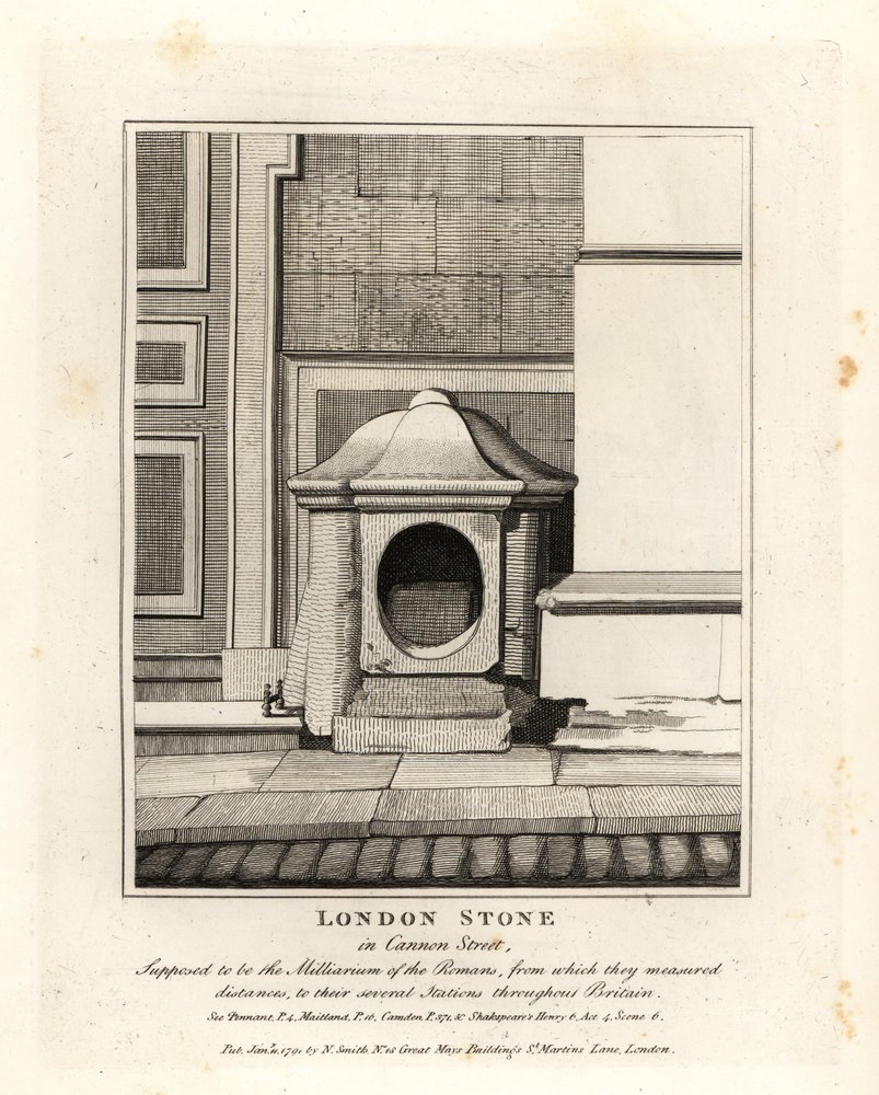 London Stone in Cannon Street, supposto essere il miglio o Milliarium dei Romani da John Thomas Smith