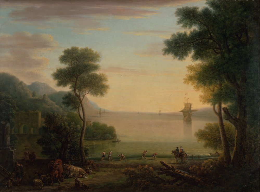 Paesaggio classico con figure e animali: Tramonto da John Wootton