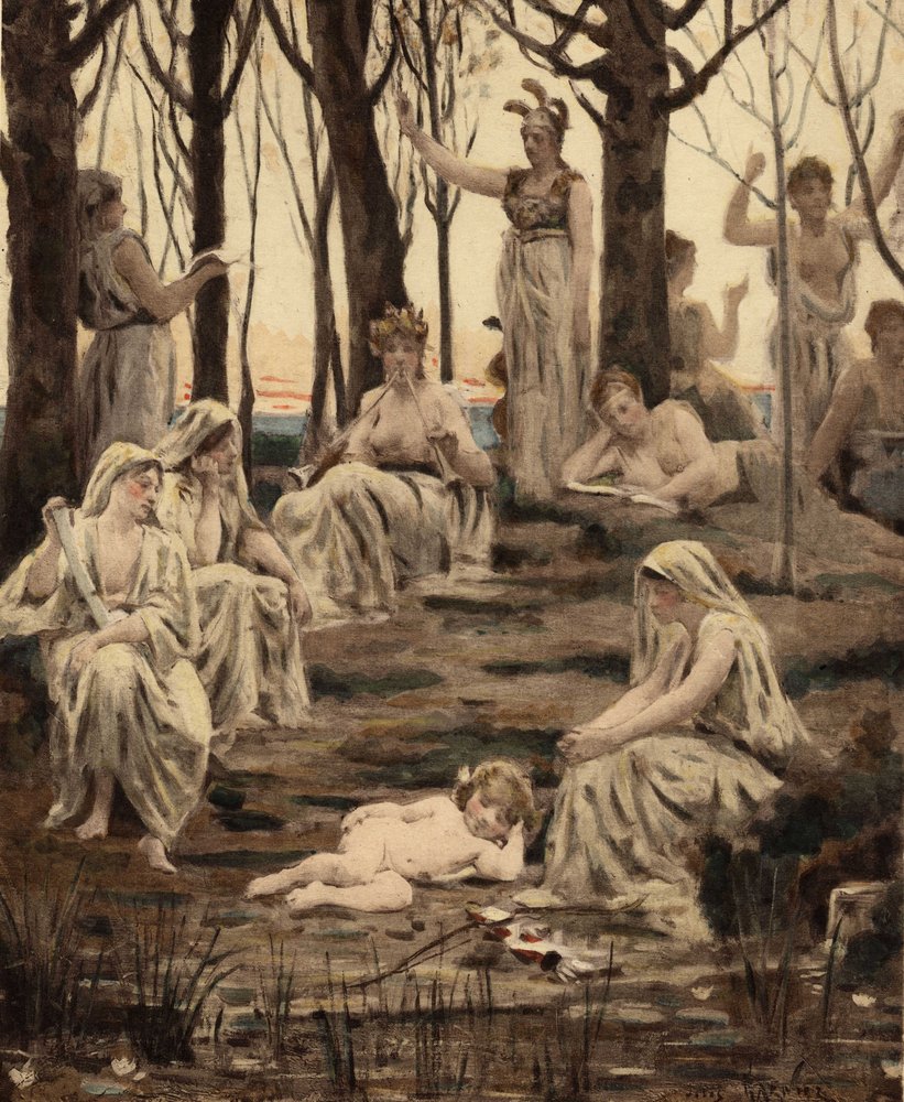 Cupido che dorme tra le Muse. Il suo arco e le sue frecce sono ai suoi piedi. Venere (Afrodite), sua madre, in alto al centro. Pantagruel. llustrazione di Jules Garnier. In "Rabelais e l