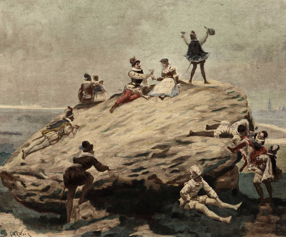 Scolari che si divertono sulla Pietra rialzata: una roccia che Pantagruel ha installato su quattro pilastri in un campo. Pantagruel. Illustrazione di Jules Garnier. In "Rabelais e l