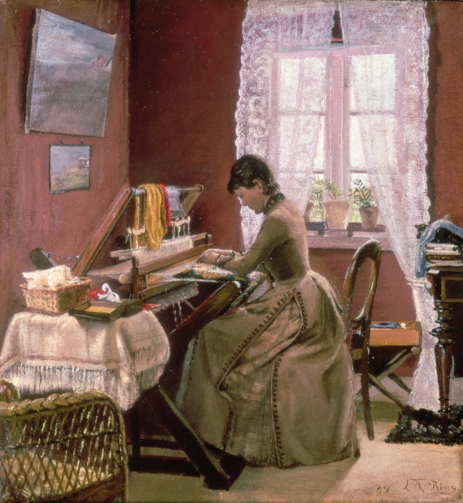 Johanne Wilde, la moglie dell'artista, al suo telaio