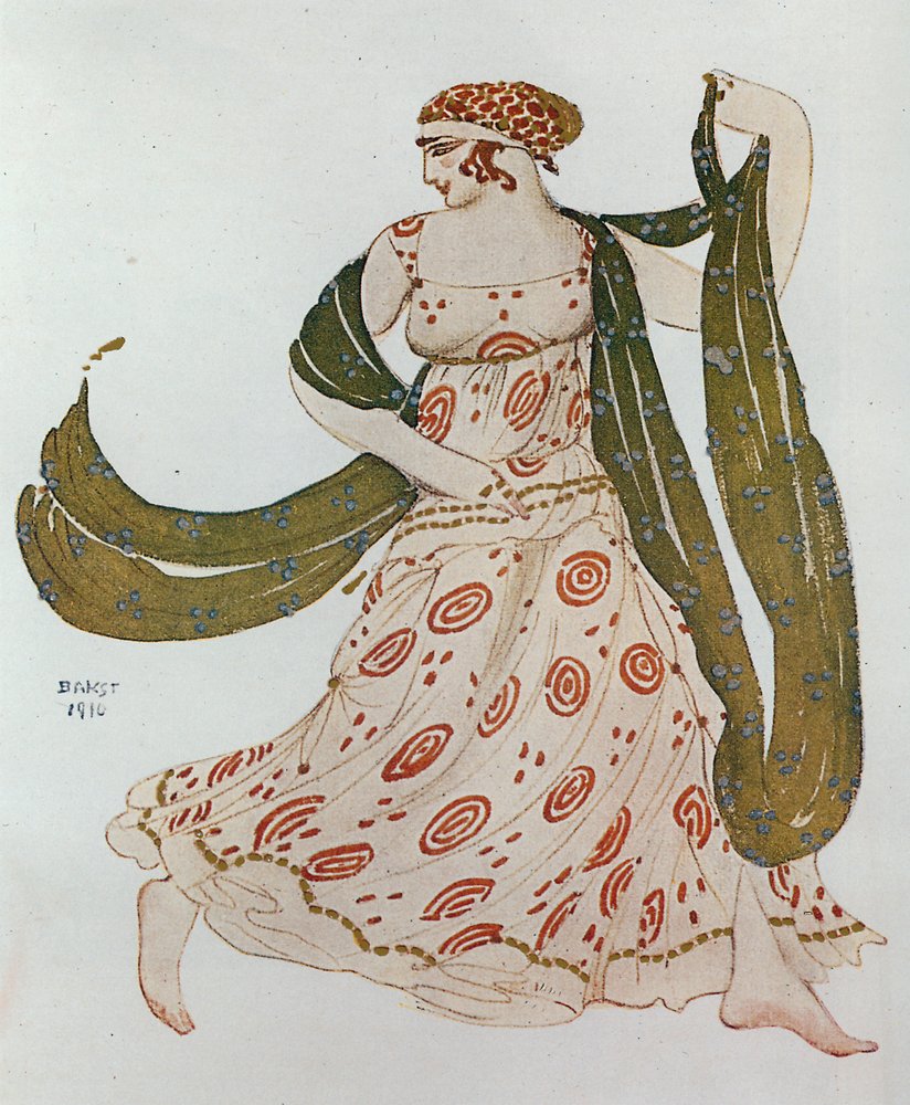 Bozzetto del costume per la danza greca da "Cleopatra" di Alexander Arensky (acquerello e matita su carta) da Leon Bakst