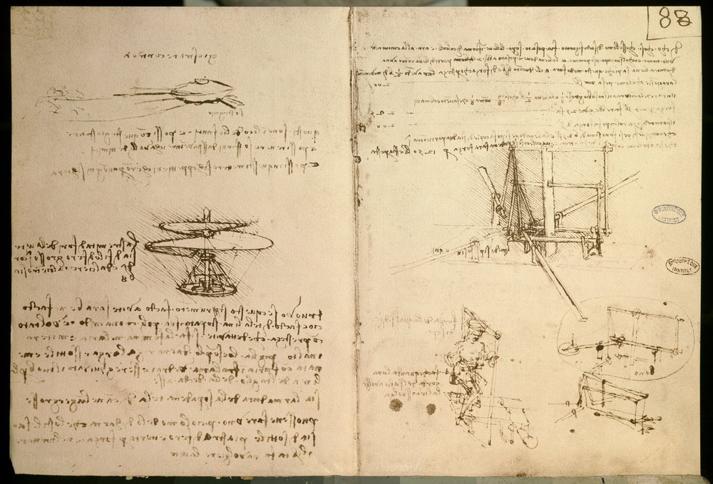 Macchine volanti, uno dei primi disegni di una macchina volante simile a un elicottero, c. 1487 da Leonardo da Vinci