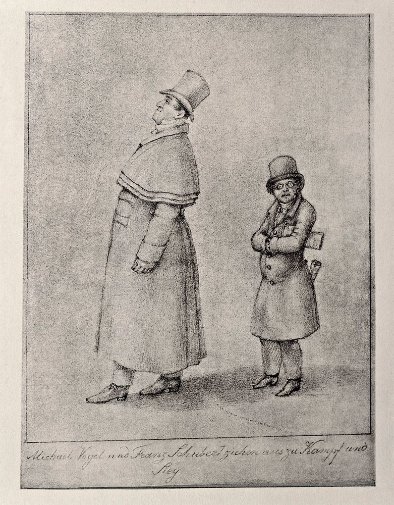 Austria, Vienna, Caricatura del baritono austriaco Johann Michael Vogl e del compositore Franz Peter Schubert, circa 1825, disegno a matita da Unbekannt Unbekannt