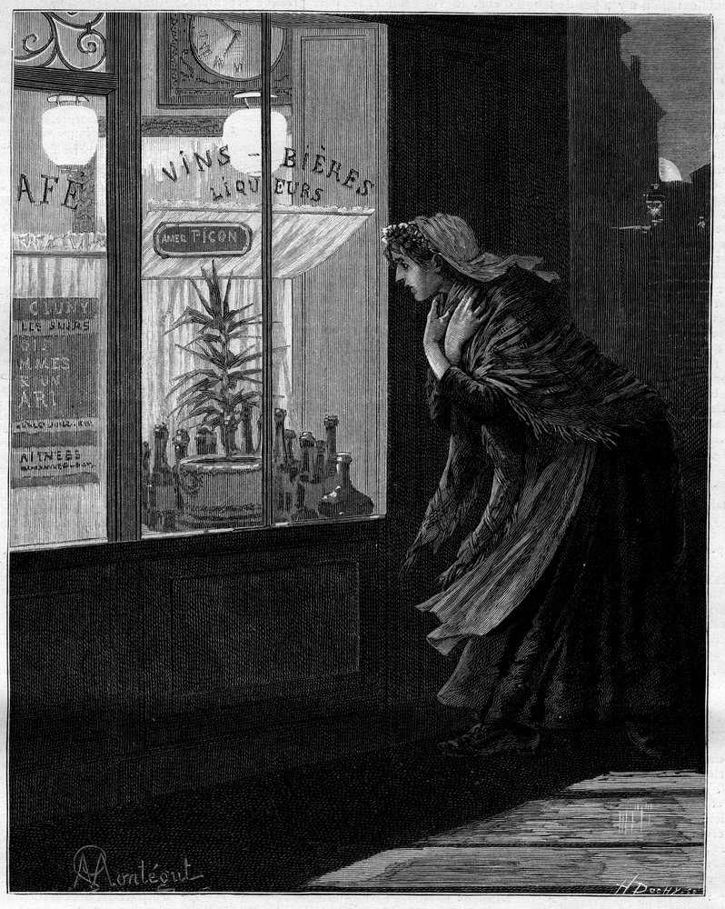 Davanti a queste basse finestre, illuminate solo nelle strade deserte, passa una piccola ombra e ritorna senza paura... Donna che guarda attraverso il vetro di un caffè parigino. Nella raccolta autobiografica “Trente ans de Paris” di Alphonse Daudet da Louis Montegut