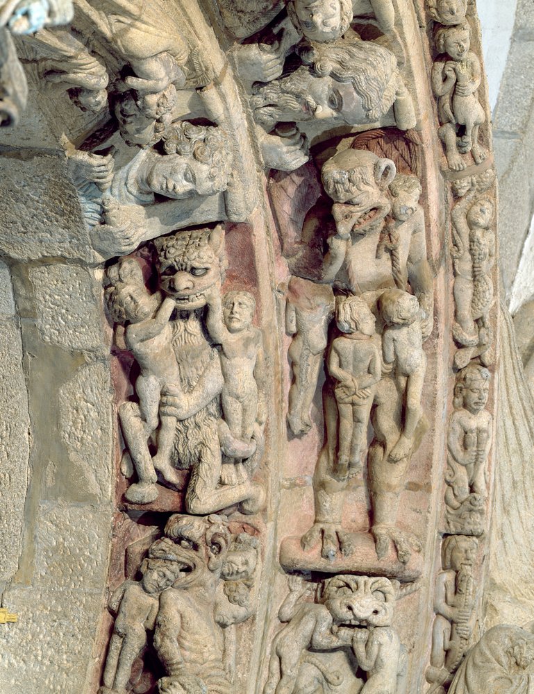(dettaglio) del Portico de la Gloria con scene dell'Inferno