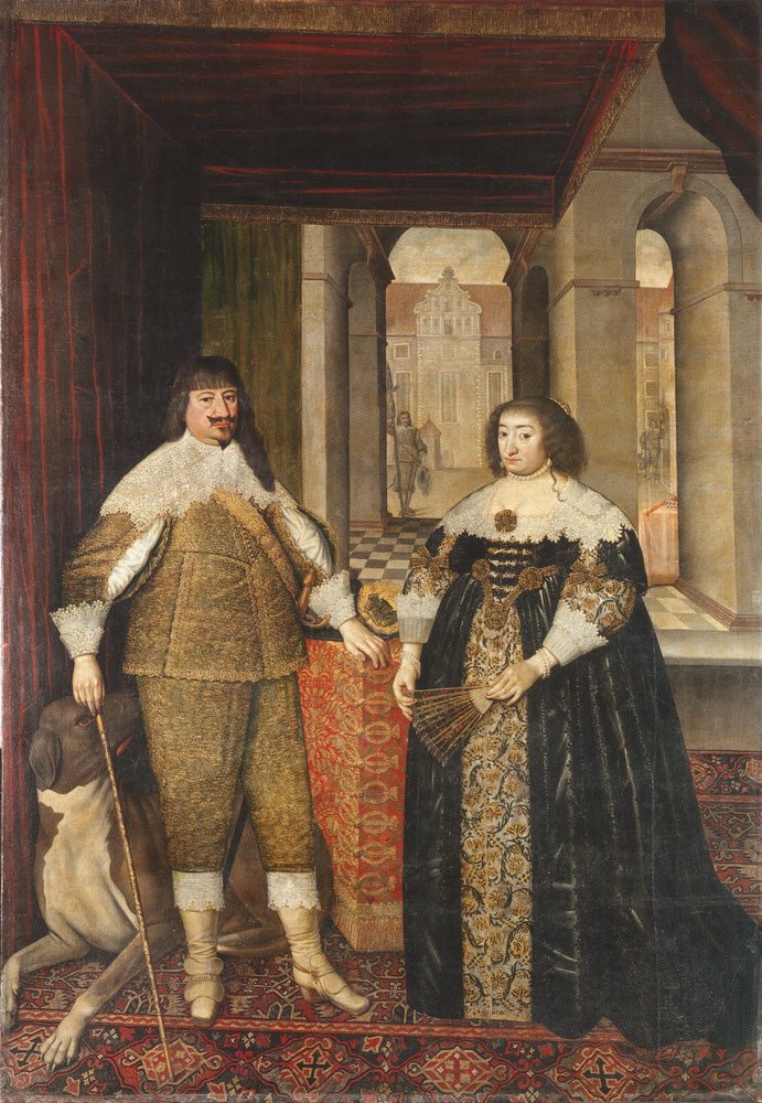 Ritratto di Giorgio Guglielmo, Elettore di Brandeburgo e della sua consorte Elisabetta Carlotta del Palatinato e un mastino da Mathias Czwiczek