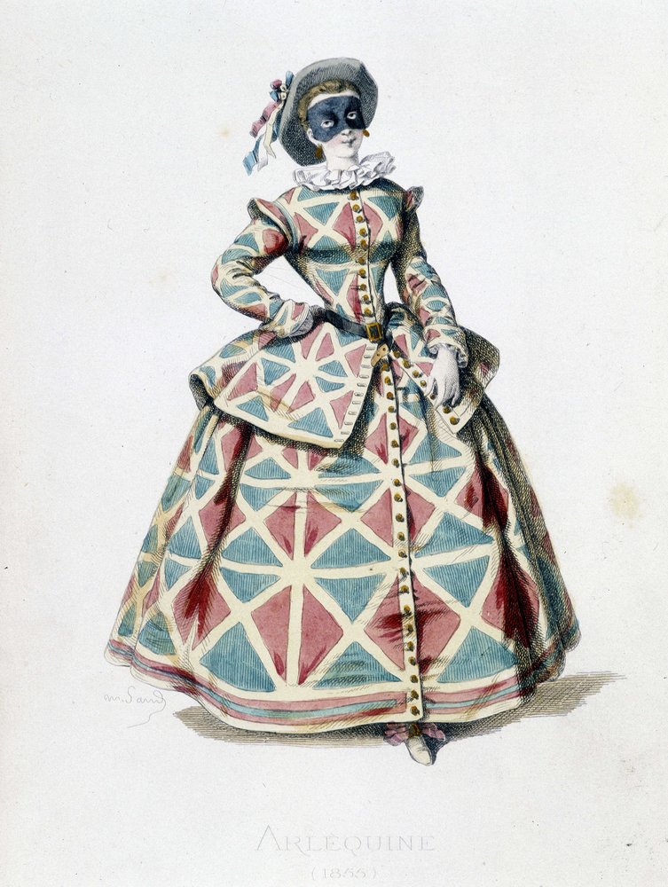Costume e maschera di Arlecchino nel 1855, personaggio femminile di Arlecchino nella commedia dell