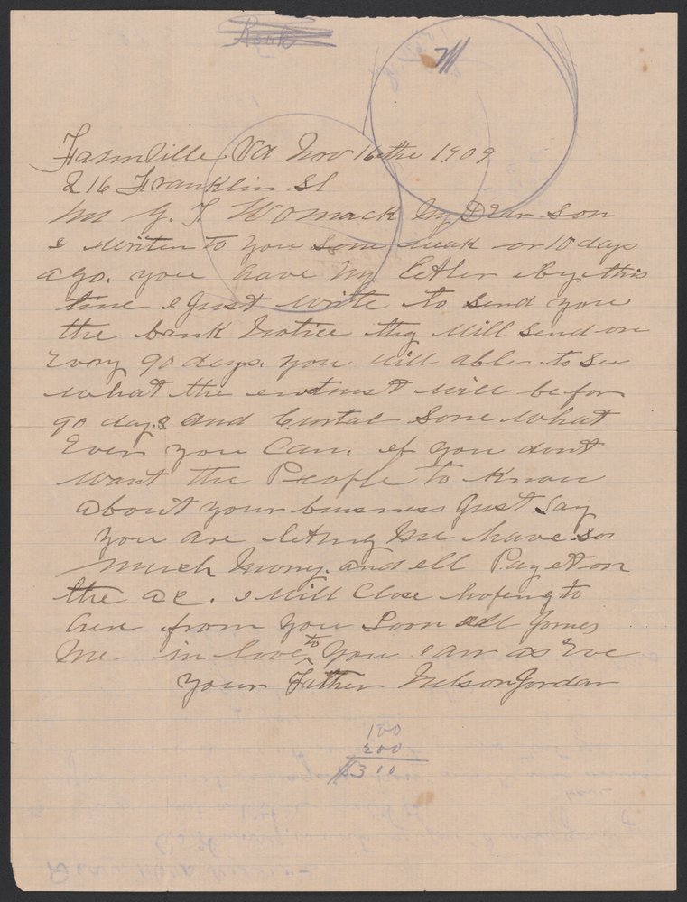 Lettera di Nelson Jordan a Julia Womack con una busta da Nelson Jordan