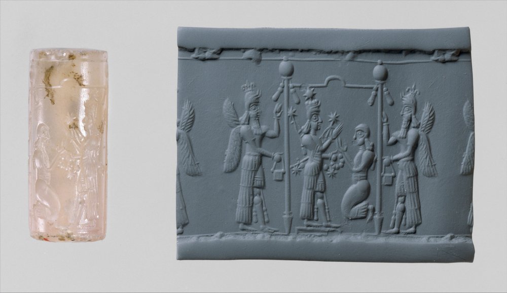 Sigillo cilindrico di Ishtar e impressione moderna, c. VIII-VII secolo a.C. (calcedonio) da Neo-Assyrian Neo-Assyrian