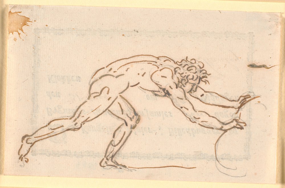 Un uomo nudo che spinge una grande pietra | Stampa d'arte