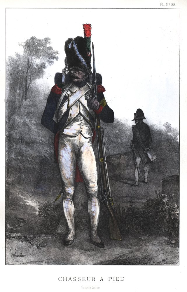 Guerre napoleoniche, Chasseur a piedi della Guardia Imperiale in uniforme completa, 1845 da Nicolas Toussaint Charlet
