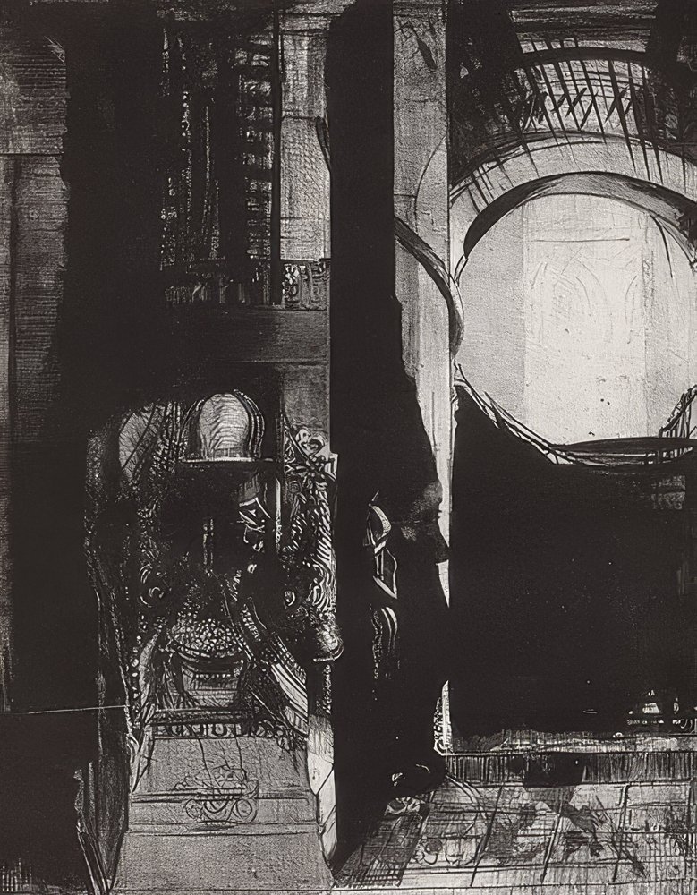 Et partout se sont des colonnes de basalte, La lumière tombe des voûtes, foglio 3 della serie La Tentation de Saint-Antoine, 1896 da Odilon Redon