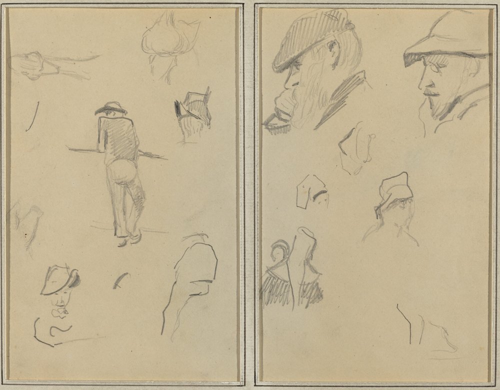 Un uomo appoggiato a un muro con altri cinque studi; Due uomini barbuti con cappelli e altri cinque studi da Paul Gauguin