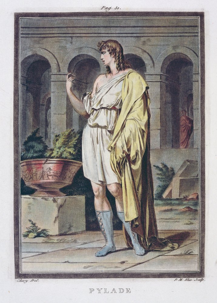 Pilade, costume per «Andromaca» di Jean Racine, dal volume I delle «Ricerche sui costumi e sul teatro di tutte le nazioni», inciso da Pierre Michel Alix (1762-1817), 1802 da Philippe Chery