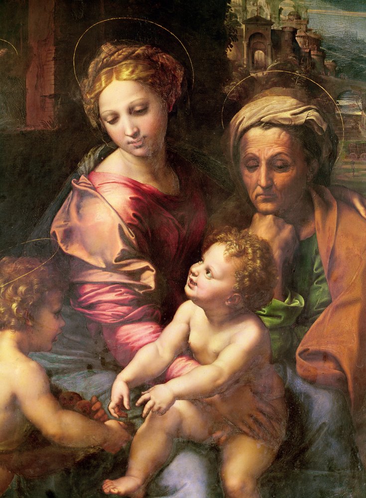 La Sacra Famiglia (o La Perla), dettaglio: la Vergine, Santa Elisabetta e il Bambino, c.1518 da Raffaello Sanzio Raphael