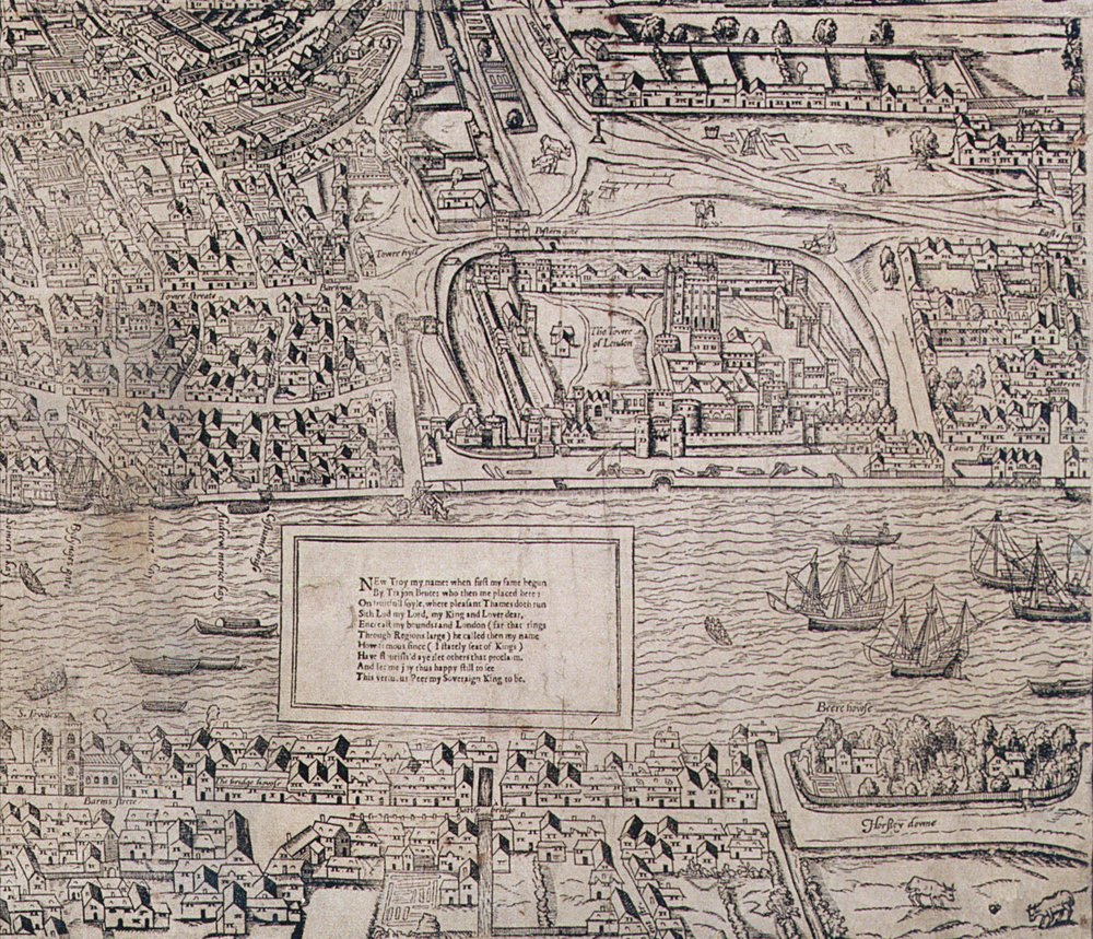 Dettaglio della Torre di Londra, da "Civitas Londinum", mappa di Londra, 1560 da Ralph Agas