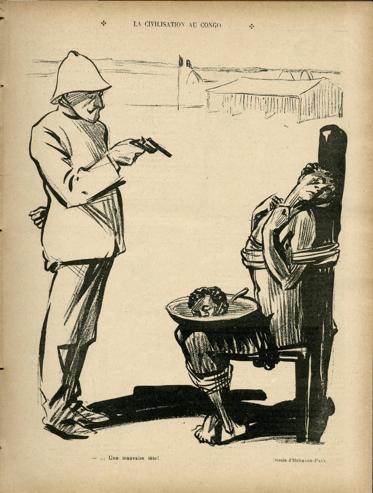 Illustrazione di Hermann-Paul (1864-1940) in Le Rire, 04/03/05 - La civiltà in Congo - Colonizzazione, colonialismo, colonie, Congo, anticolonialismo - Persone nere da Rene George Hermann-Paul
