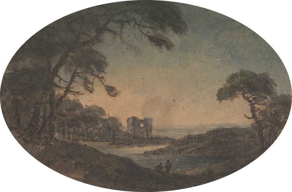 Paesaggio con due uomini e una rovina di castello sulla riva del fiume