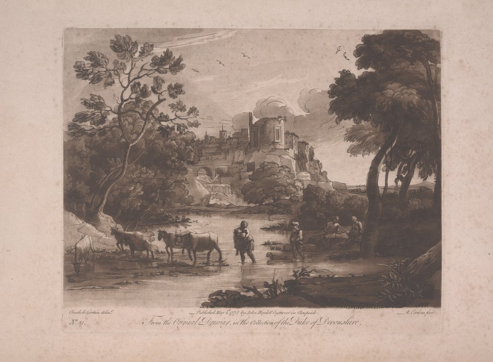 Veduta di Tivoli al tramonto, pubblicata nel 1775 da Richard Earlom