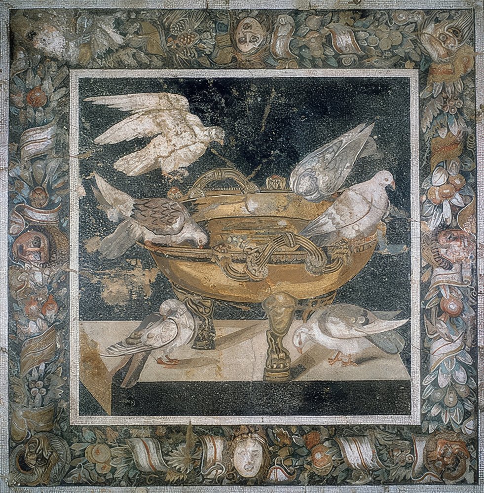 Mosaico di Pompei con un gruppo di colombe sul bordo di un labrum