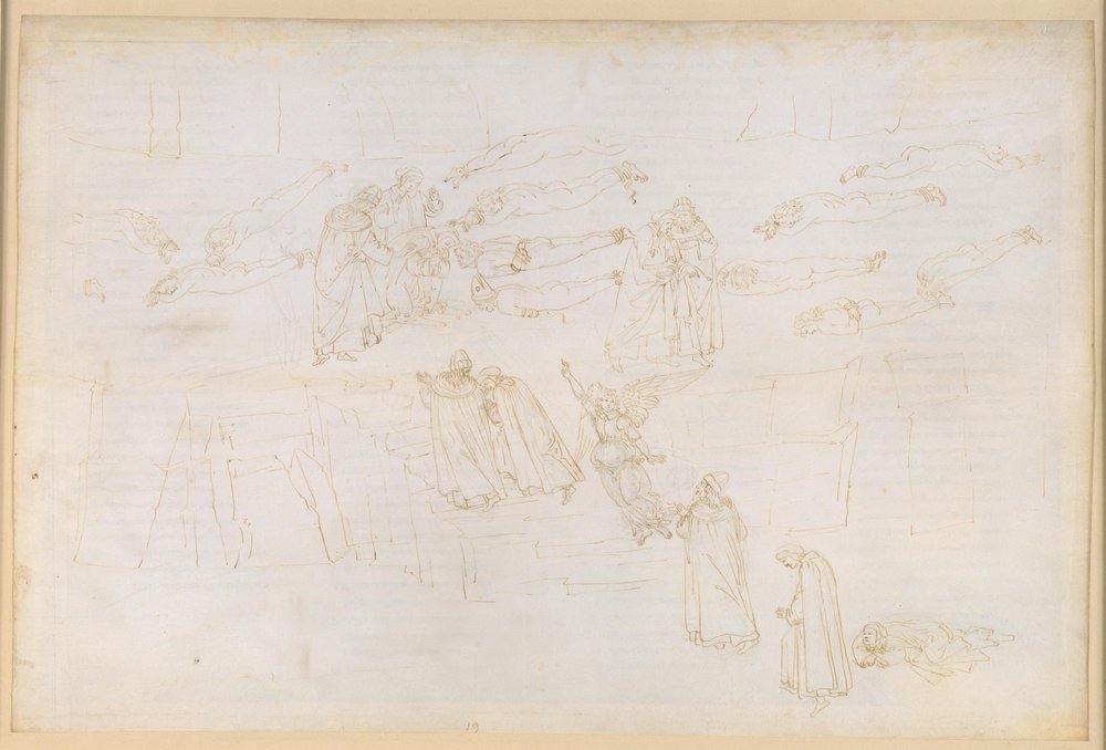 La Divina Commedia, Purgatorio XIX. Ascesa al quinto cerchio del Purgatorio: il sogno di Sireno di Dante; la penitenza degli avidi e degli sperperatori; il colloquio con Adriano V. da Sandro Botticelli