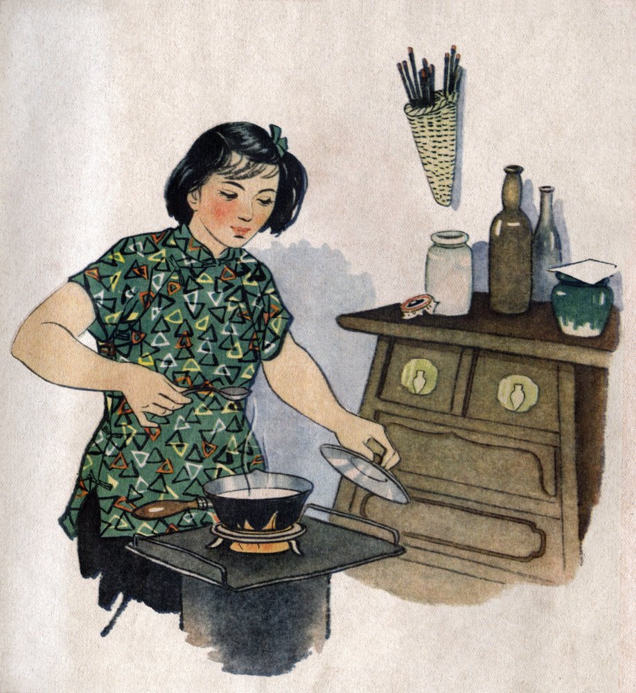 Giovane mamma che prepara il cibo per il suo bambino. Illustrazione, in "Comment mieux nourish nos enfants", Edition Le Journal de la Sante, Pekin da School Chinese