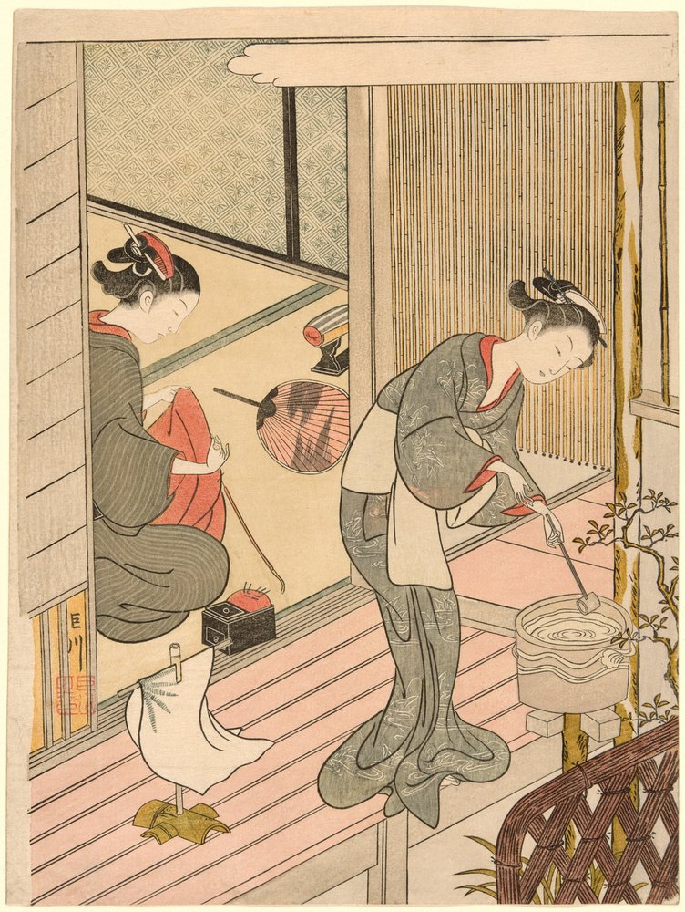 Vele di ritorno del portasalviette (Tenugui-kake no kihan), dalla serie "Otto vedute del salotto (Zashiki hakkei)" da Suzuki Harunobu