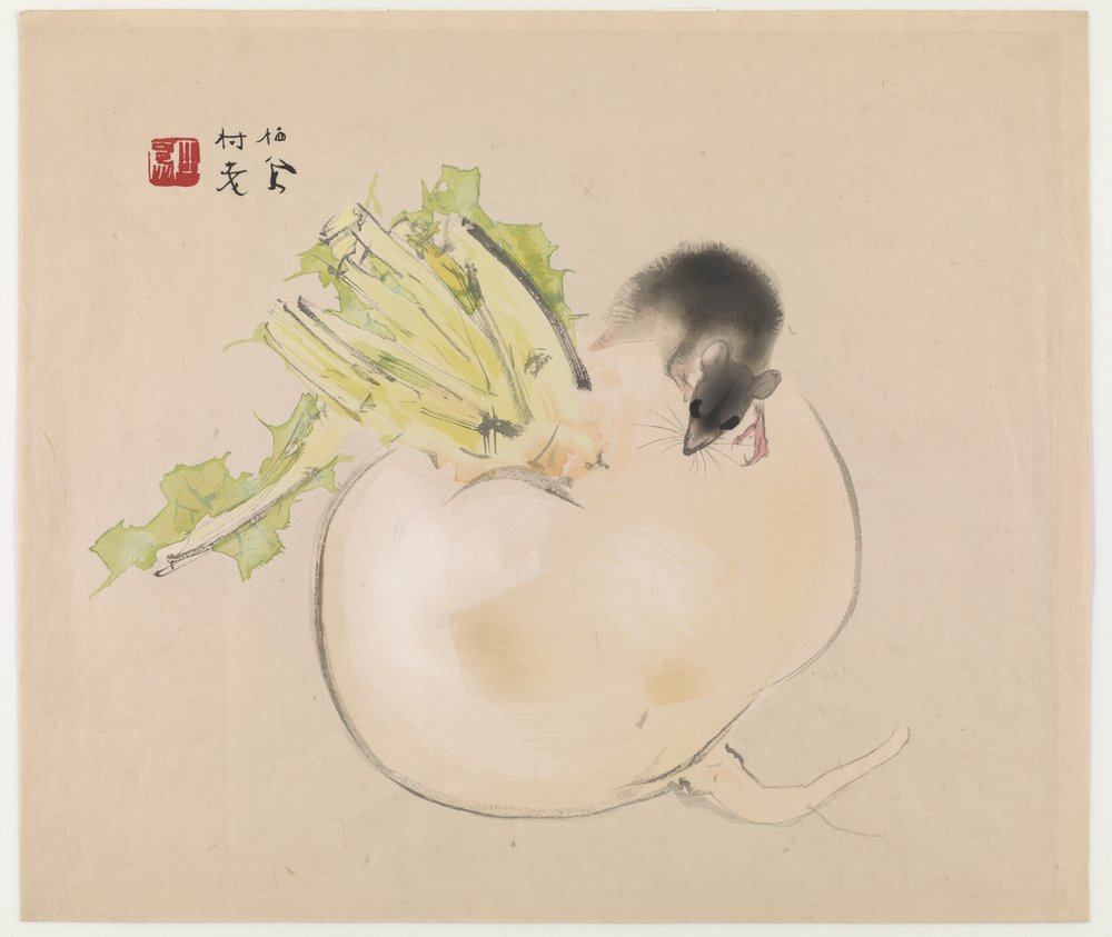 Ravanello bianco (daikon) e ratto da Takeuchi Seiho