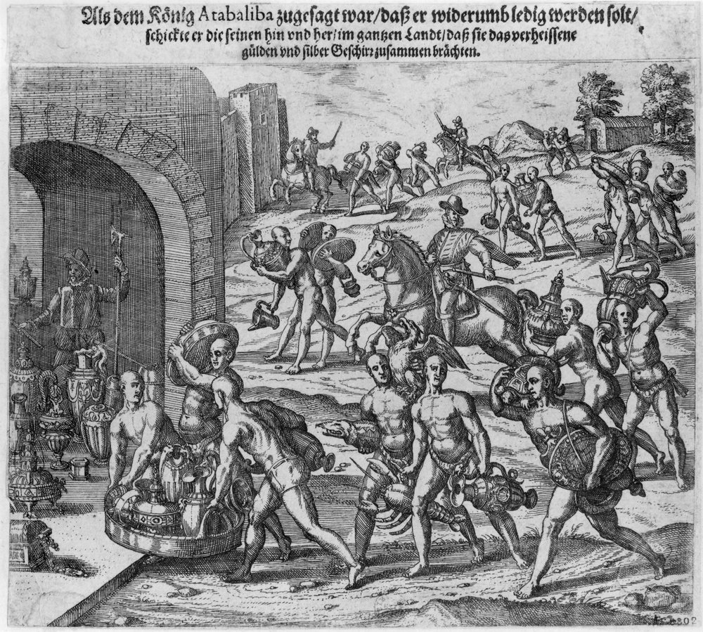 Il riscatto che re Atahualpa (circa 1502-33) offrì a Francisco Pizarro, 1533 da Theodore de Bry