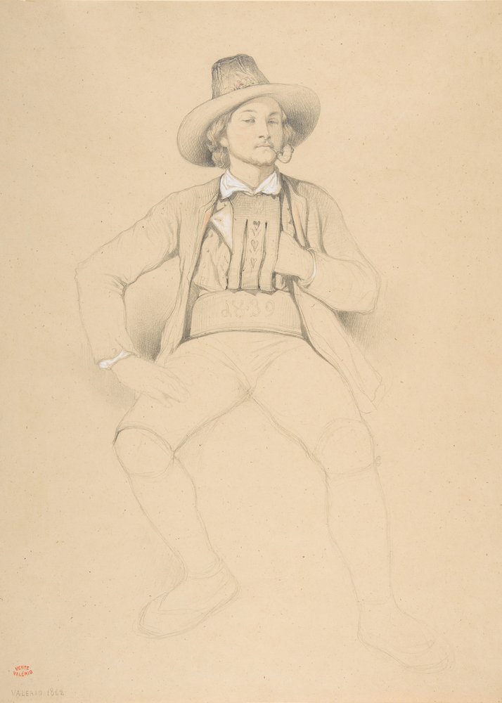 Un uomo in costume tirolese, seduto, che fuma una pipa da Theodore Valerio