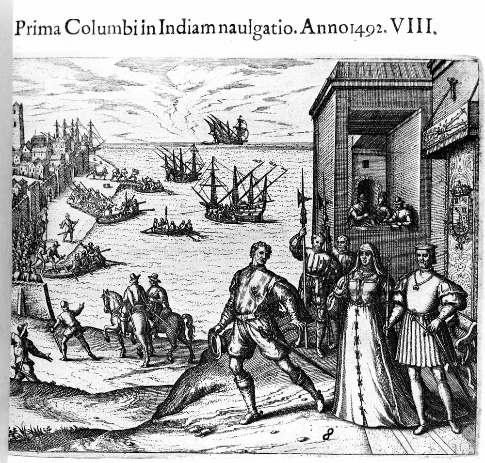 Cristoforo Colombo e i fratelli Pinzon lasciano il porto di Palos in Spagna il 03/08/1492 per il Nuovo Mondo. A destra il Re e la Regina di Portogallo Cattolici Ferdinando II d