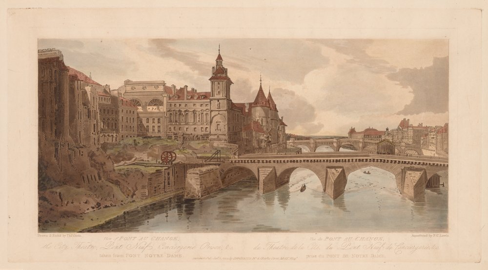 Una selezione di venti delle vedute più pittoresche di Parigi: Vista del Pont au Change, il Teatro della Città, Pont Neuf, la prigione della Conciergerie, ecc. vista dal Pont Notre Dame da Thomas Girtin