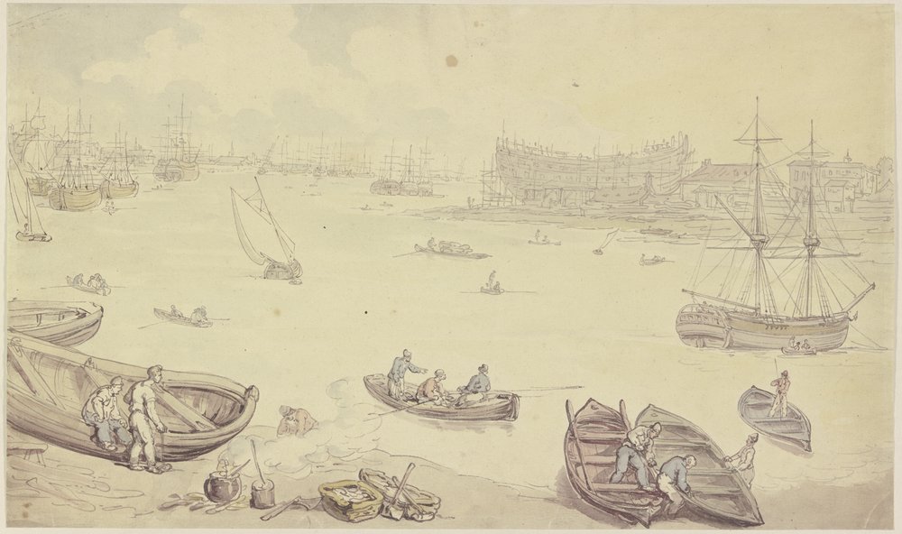 Fiume con molte navi e un cantiere navale da Thomas Rowlandson