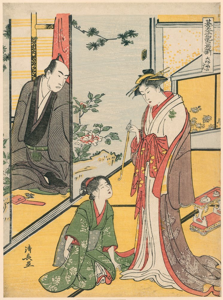 Scena al Daifukuya (Daifukuya no dan), dalla serie "Go Taiheiki Shiraishi Banashi" da Torii Kiyonaga