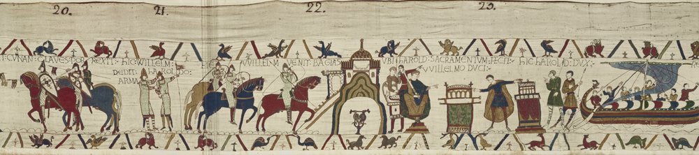 Il duca Guglielmo accetta le chiavi di Dinan e dà le armi ad Harold che giura fedeltà a Guglielmo a Bayeux, Arazzo di Bayeux da Unbekannt Unbekannt