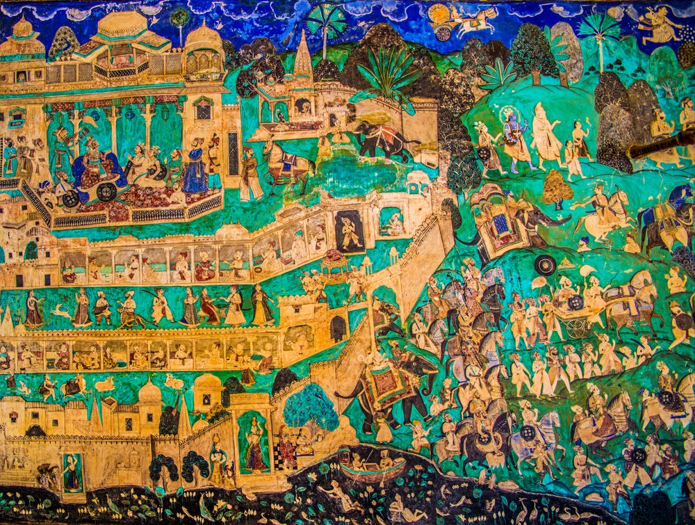 Cortile di Chittra Shala con dipinti virtuosi, Forte di Taragarh, Bundi, Rajasthan, India, Asia da Unbekannter Künstler