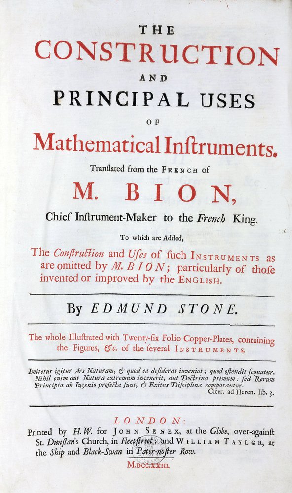 Pagina del titolo del libro di Nicolas Bion sugli strumenti matematici, traduzione inglese, con aggiunta delle 'migliorie inglesi', edito a Londra nel 1723 da Unbekannt
