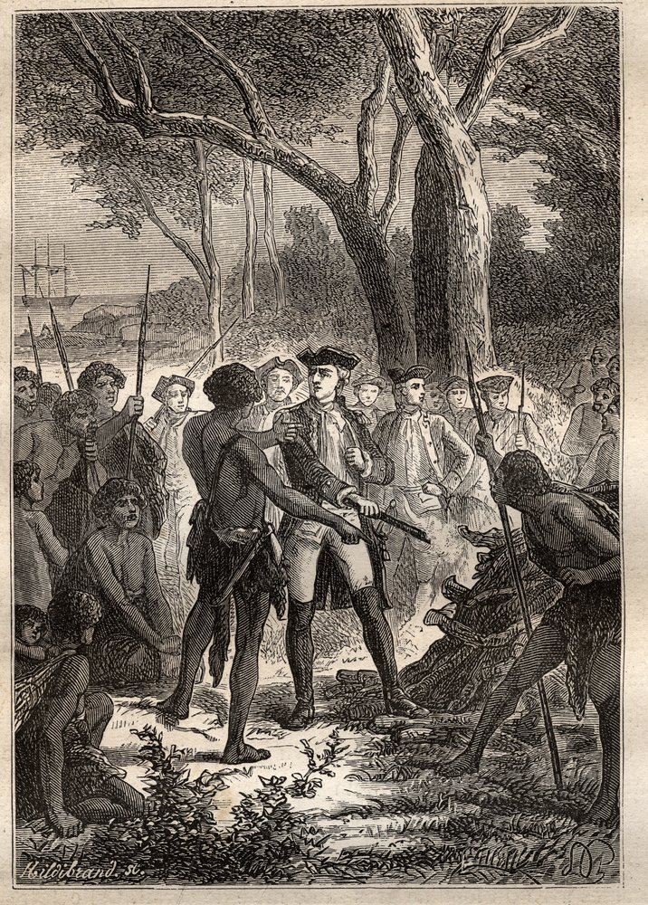 Spedizione di Nicolas Thomas Marion-Dufresne (Marion Dufresne) (1729-1772): Marion sbarcò nella Baia di Frederick Henry (Tasmania) e fu offerto un brandon acceso dagli indigeni - illustrazione tratta da 