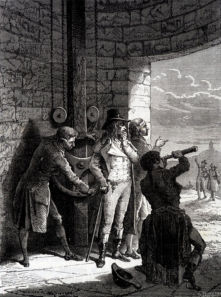 Esperimento del telegrafo Chappe effettuato il 12 luglio 1793, da Ménilmontant a Saint-Martin-du-Tertre davanti ai commissari della Convenzione - in "Le meraviglie dell