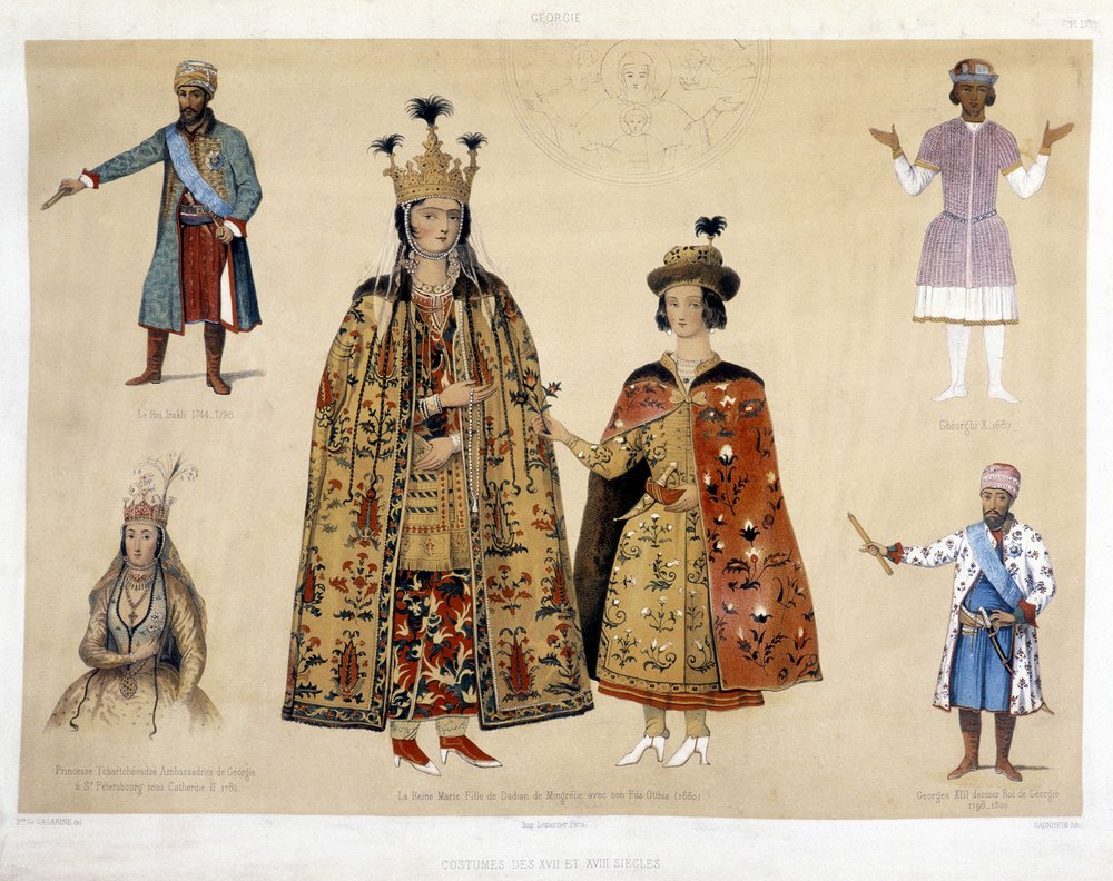 Tavola dei costumi georgiani nei secoli XVI e XVII: Re Irakli (1744 - 1798), Gheorghi X (1687), Principessa Chartchevadze (Ambasciatore della Georgia a San Pietroburgo sotto Caterina II 1780), Regina Maria (figlia di Dadian di Mingrelia con suo figlio Otth da Unknown artist