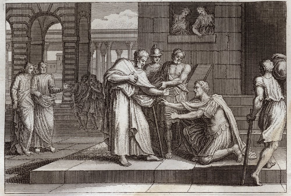 Bibbia di Royaumont, Nuovo Testamento: Cornelio battezza. Cornelio il centurione riceve la fede di Gesù Cristo, e viene battezzato da San Pietro. Illustrazione del 1811 da Unknown artist